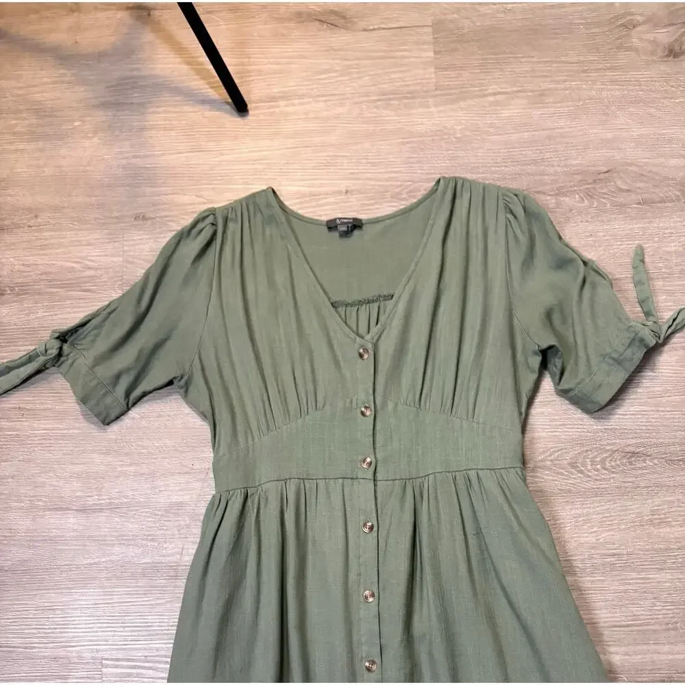 &Merci Sage Green Linen Midi Button Front Peasant‎ Dress Large Fit Flare Casual - Picture 9 of 14